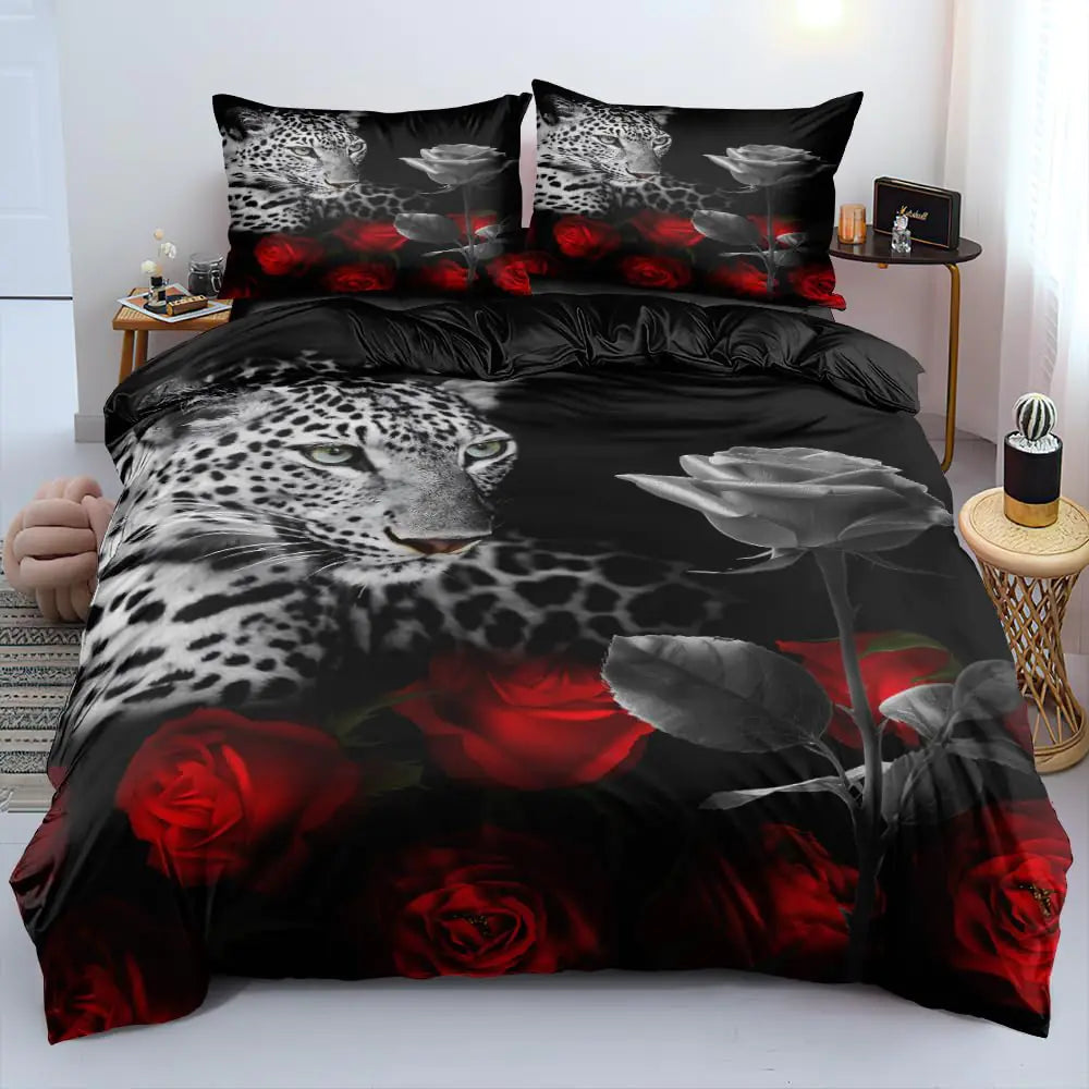 Holiyjog Animal and Red Roses King Duvet Cover Set Flowers Comforter-Cover and Pillowcases Black Background Cheetah Print Bedding Set Leopard Bedroom Decor