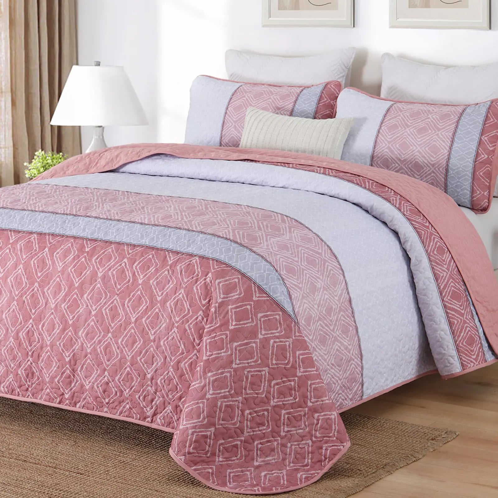 Cottolester Pink Quilt Set King SizeBoho Striped BedspreadBohemian Plaid Bedding Set Soft Microfiber Quilt Set for All Season 110"x90"
