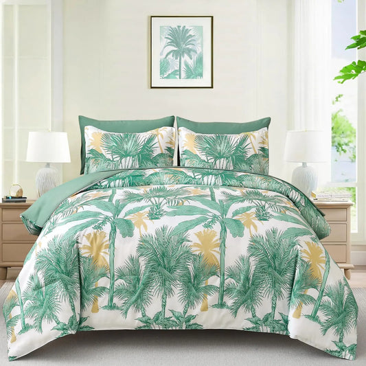 WONGS BEDDING Comforter Set Queen Size 7 Pieces Aqua Botanical Bed in a Bag Soft Microfiber Tropical Palm Tree Bedding Set with Queen Comforter Flat Sheet Fitted Sheet Pillow Shams Pillowcases