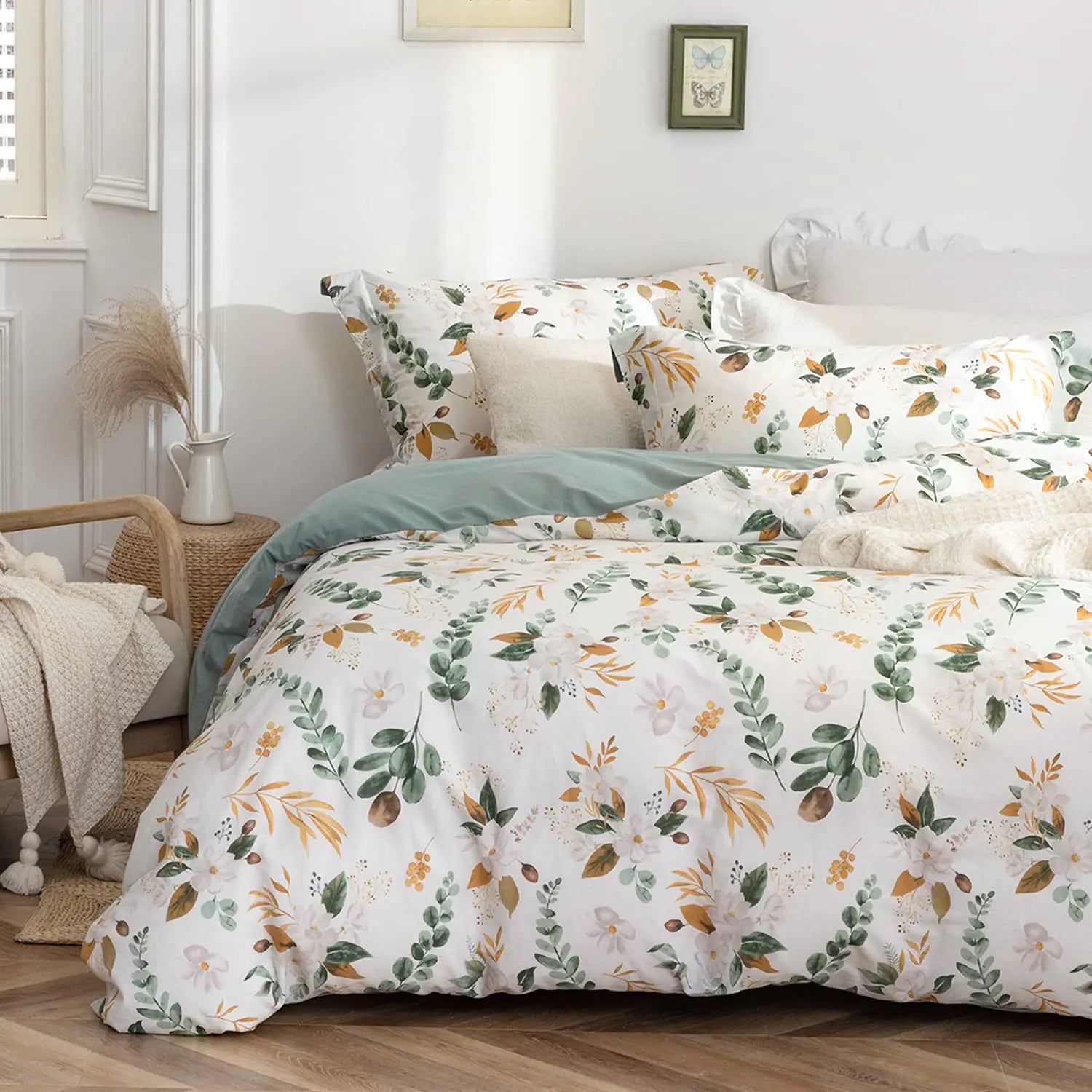 MILDLY 100% Washed Cotton Duvet Cover Set - Garden Flower Printed Autumn Comforter Cover Set Twin Size Soft Breathable Bedding Set with Zipper Ties