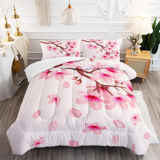 XYNHML Cherry Blossoms Comforter Set Full Size 3Pcs Romantic Theme Pink Bedding Set Girl Floral Down Quilt with 1 Comforter and 2 Pillowcases
