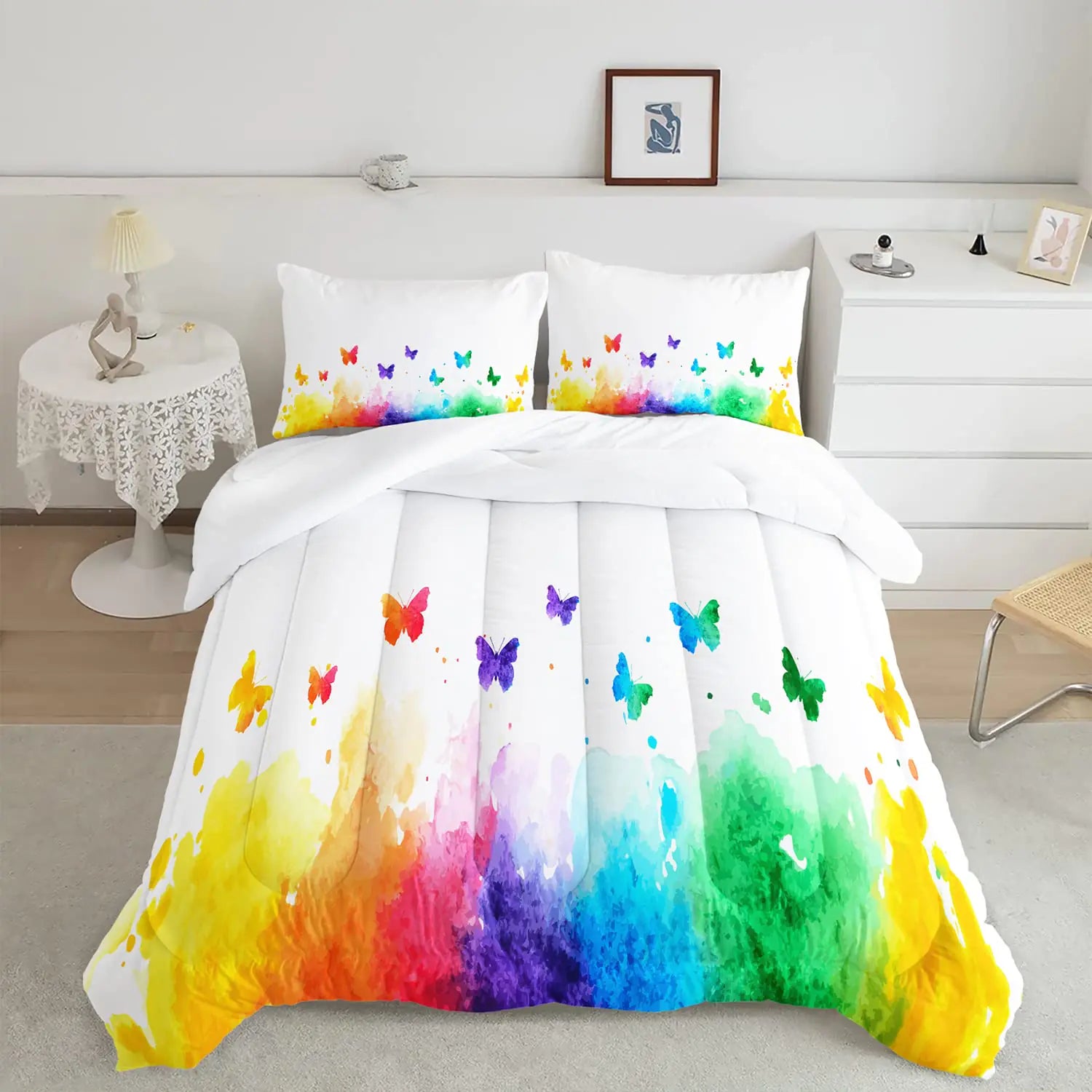 CVHOUSE Butterfly Bedding SetButterfly Comforter QueenButterfly Comforter Set for Girls Kids TeensButterflies Quilt Set with 1 Comforter and 2 Pillow Cases- 3 Piece