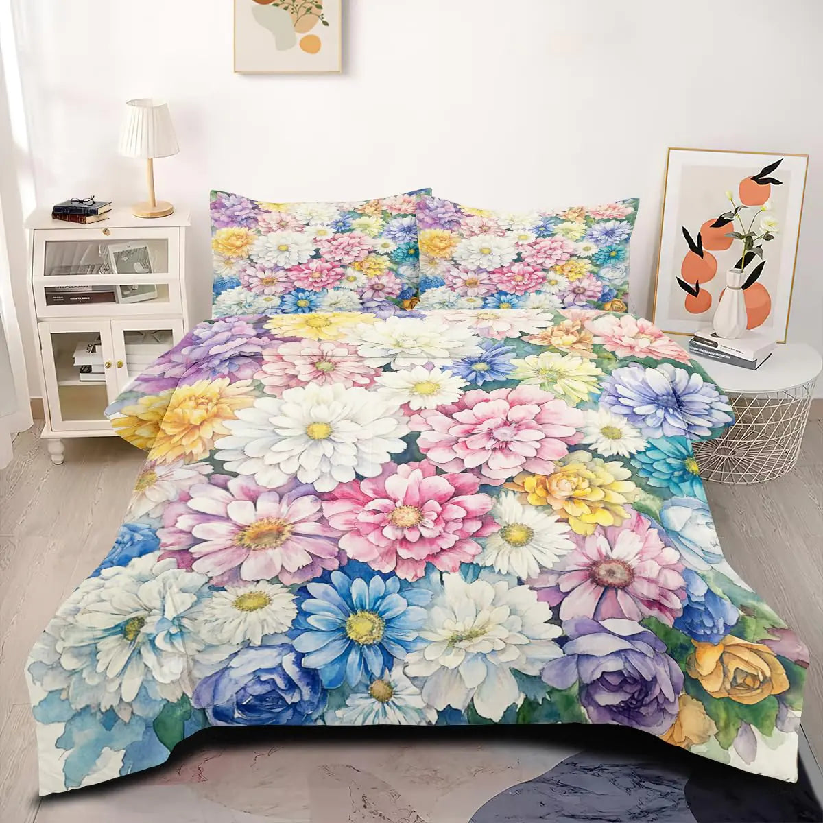 CCoutueChen Chic Floral Comforter Set Full Size for Girls Aesthetics Colorful Botanical Flowers Bedding Set for Women3Pcs Soft Warm Down Comforter with 2 Pillowcases