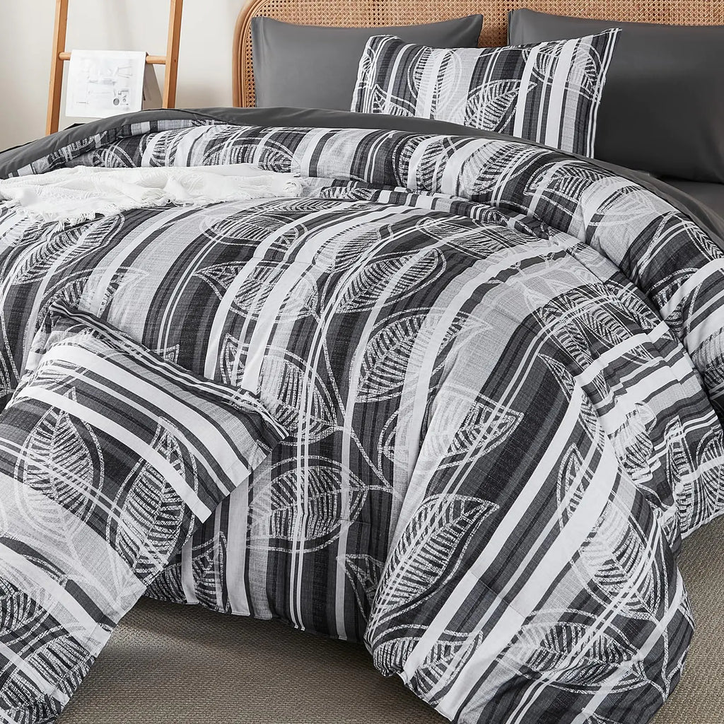 King Comforter Set 7 PiecesGrey Botanical Bed in a BagBoho Striped Comforter and Sheet SetSoft Microfiber Bedding Sets 90"x103"