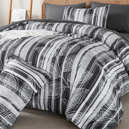 King Comforter Set 7 PiecesGrey Botanical Bed in a BagBoho Striped Comforter and Sheet SetSoft Microfiber Bedding Sets 90"x103"