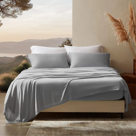 SLEEP ZONE King Sheets Set - 4 Piece Bedding - Jersey Knit Cooling Sheet Set - Soft and Fade Resistant - Easy Care - Deep Pocket (KingGull Grey)