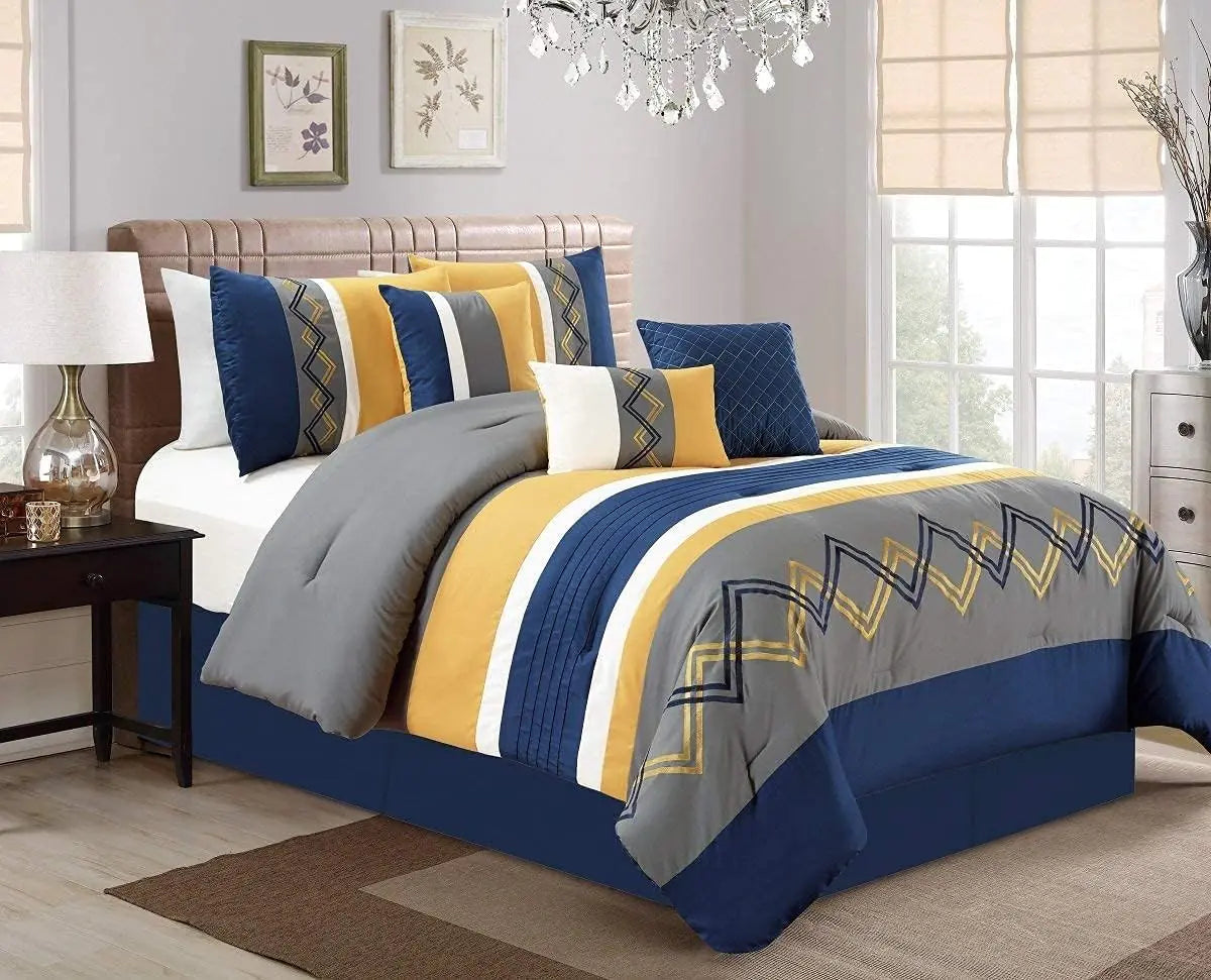 Chezmoi Collection Arden 7-Piece Modern Pleated Stripe Embroidered Zigzag Bedding Comforter Set (Oversized King Navy/Gray/Yellow/White)