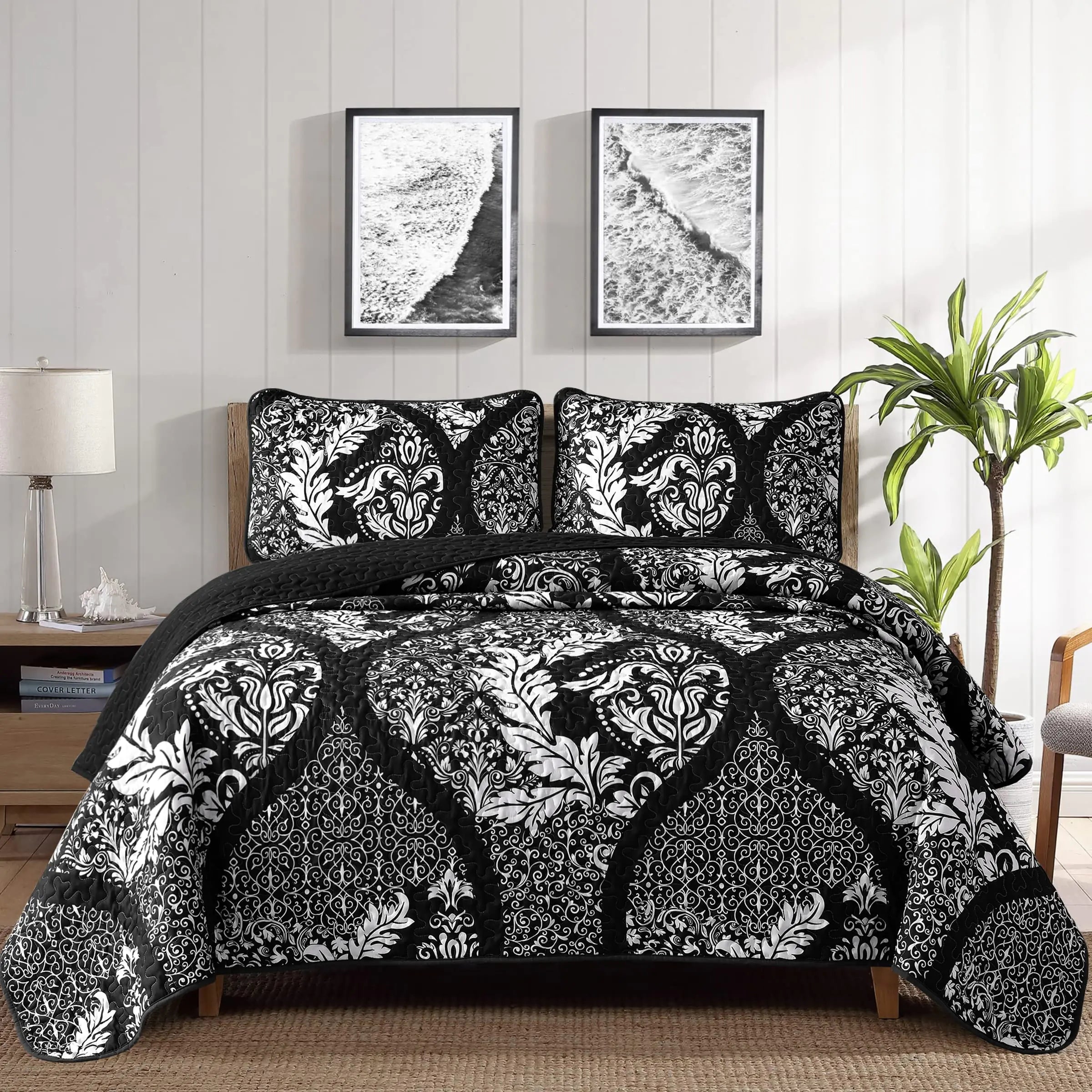 DJY Black Quilt Set Full Size Boho Damask Bedspread Coverlet Set Soft Lightweight Microfiber Bedding Set 3 Pieces for All Season (78"x90")