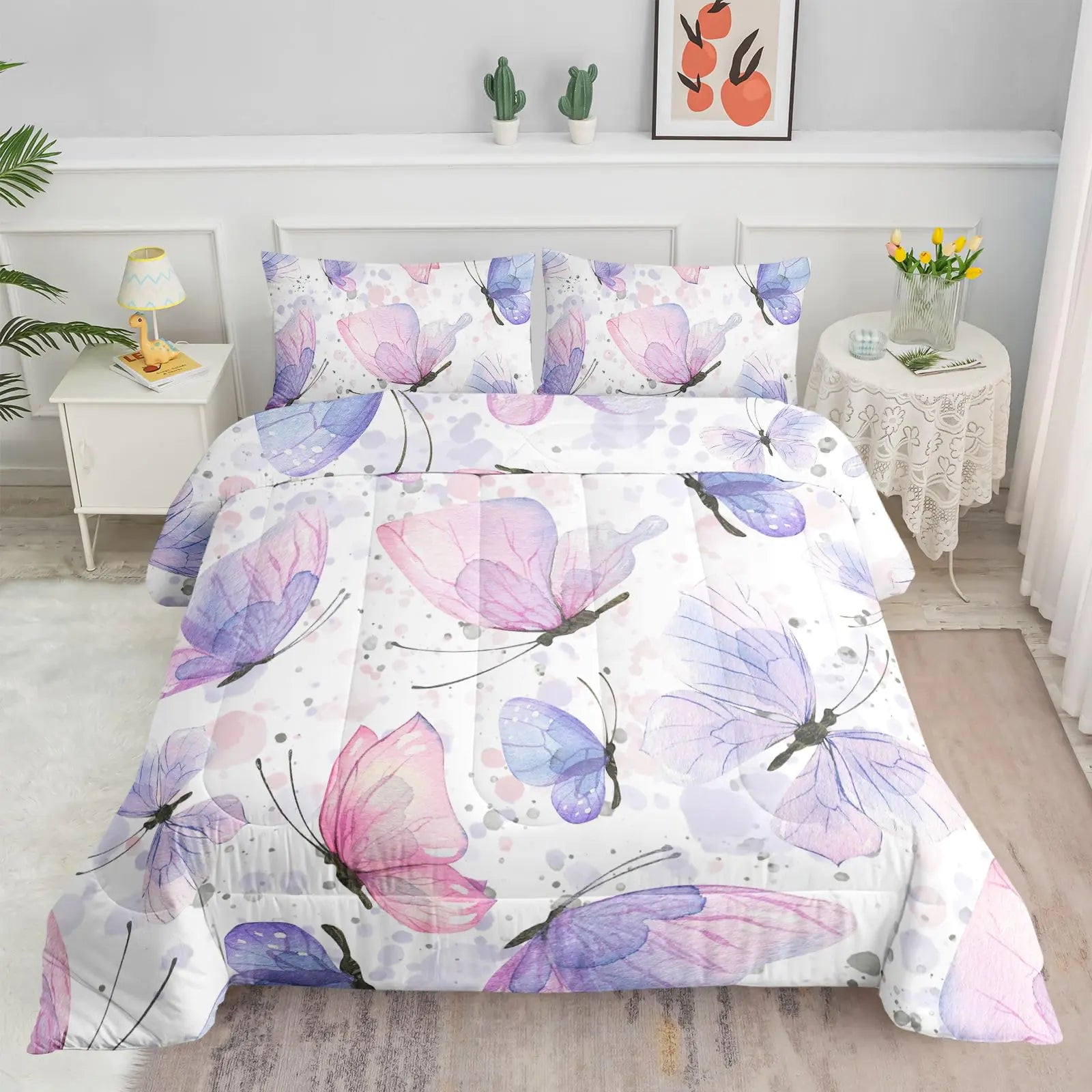 Smell Sunshine Kids Comforter Set Butterflies Printed Pattern Bedding Set with 1 Comforter and 2 Pillowcases for Girls Boys Bedroom All Season(Butterflies Twin)