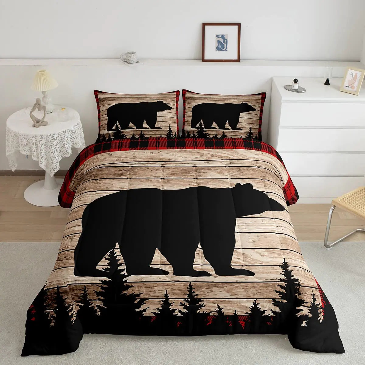 Castle Fairy Kids Bear Silhouette Queen Size Comforter SetWildlife Animal Trees Print Bedding Set with 2 PillowcasesRed Black Plaid Retro Board Breathable Durable Polyester