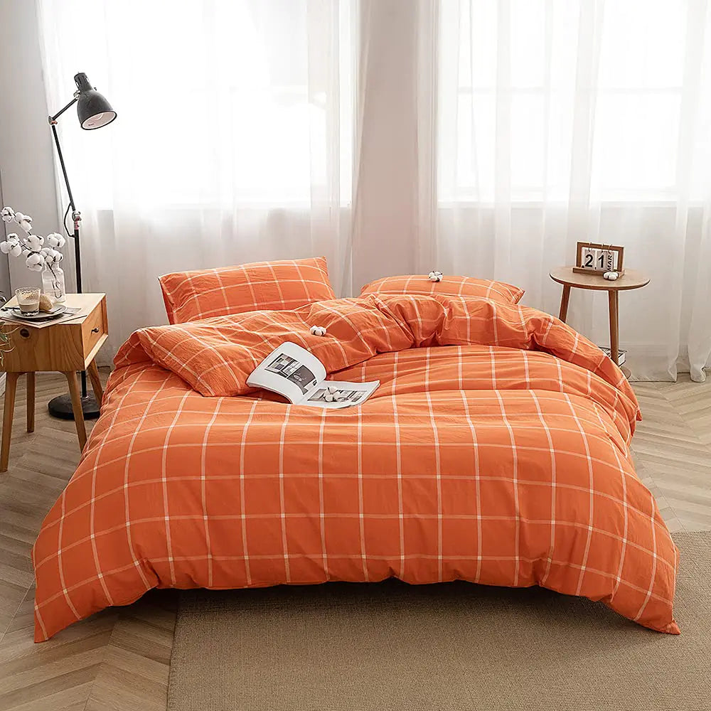 FACE TWO FACE Bedding Duvet Cover Set100% Washed Cotton Duvet Cover Linen Like Textured Breathable Durable Soft Comfy (Full Orange Grid)