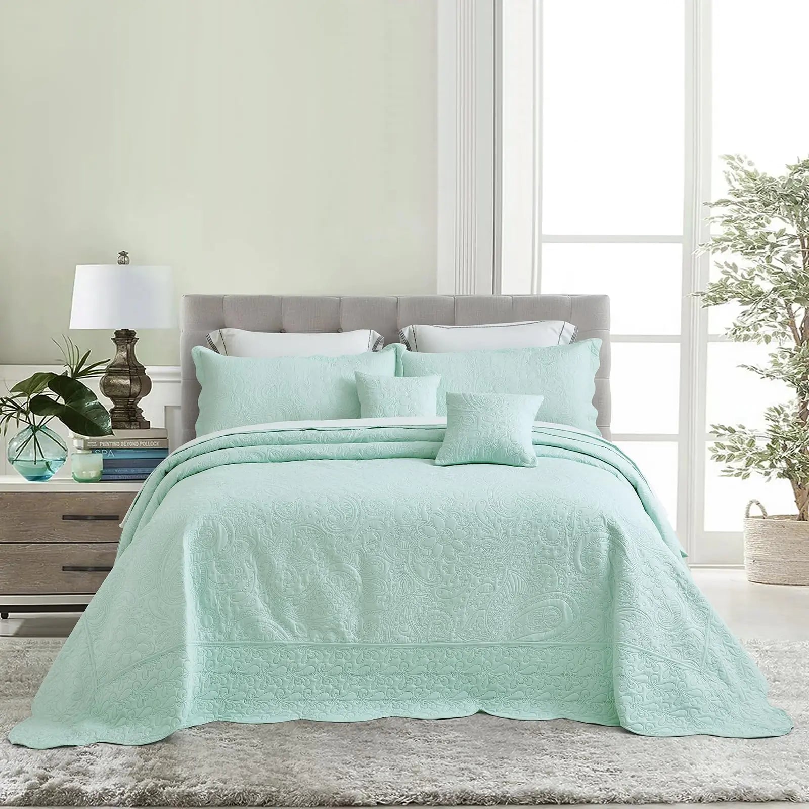 Blythease Oversized King Bedspread Ultrasonic Lightweight Bedding Cover Paisley Pattern Reversible 5 Piece 100% Microfiber King/Cal King Skylight