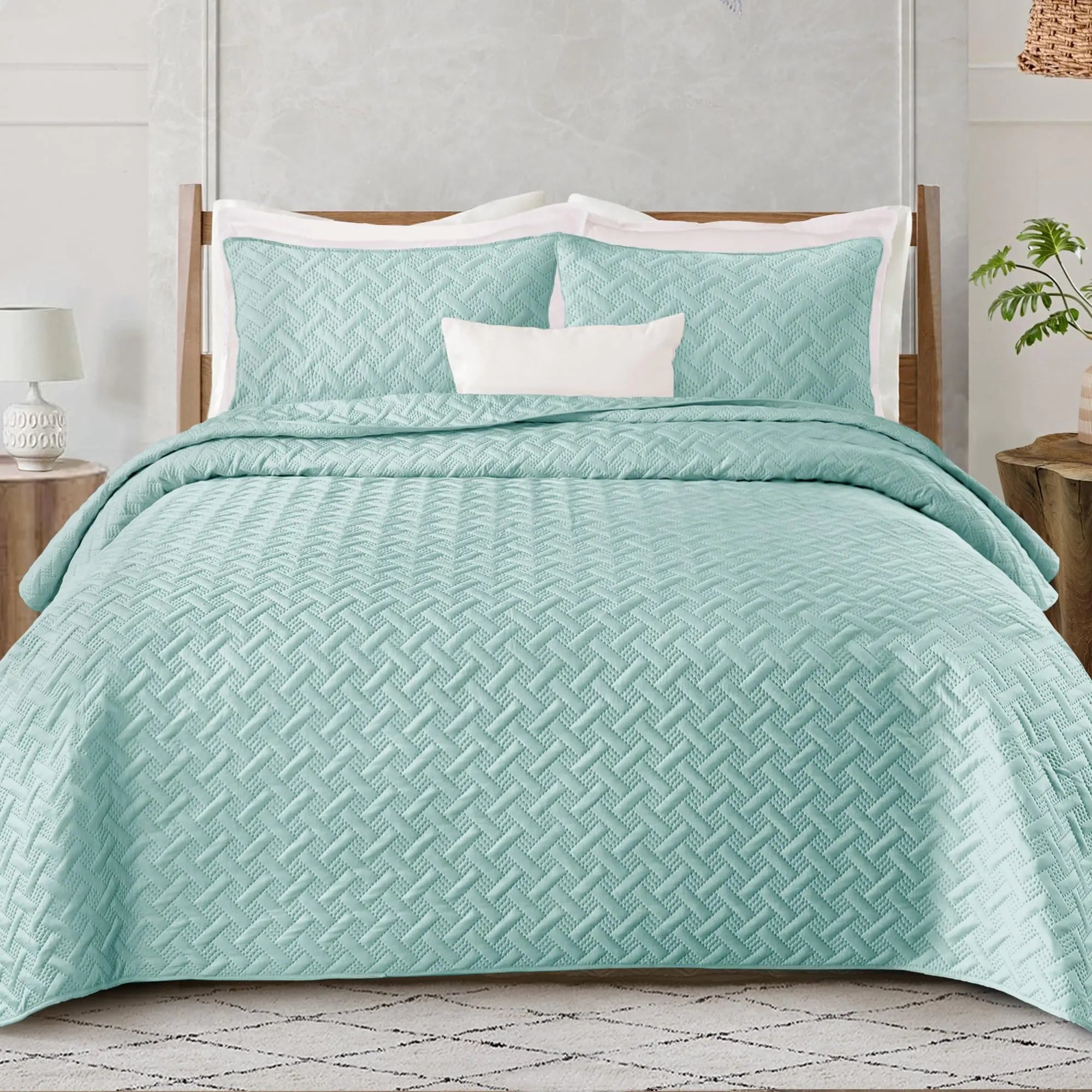 Exclusivo Mezcla Soft Quilt Set Queen Full Size 3 Pieces Lightweight Quilts Aqua Bedspreads Coverlets Bedding Set for All Seasons Weave Pattern
