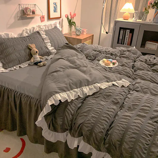 Pink Striped Ruffle Quilt Cover Bedding Set with Pillowcase