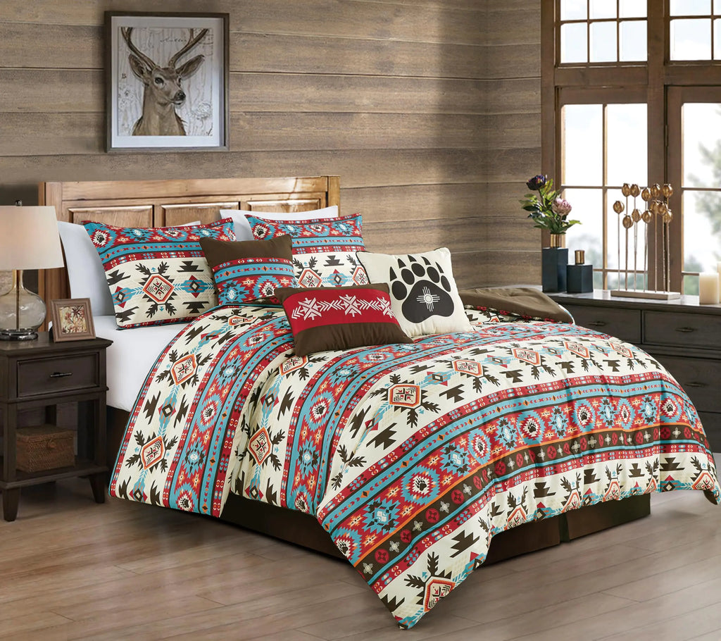 Chezmoi Collection Sanse 7-Piece Southwestern Geometric Motif Comforter Set - Multicolor Red Brown Blue Cream Printed Washed Microfiber Bedding Queen