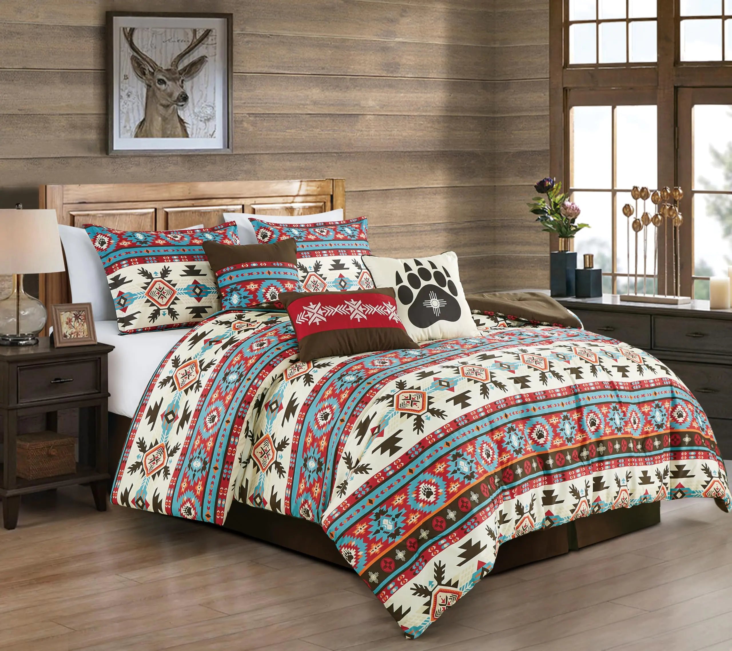 Chezmoi Collection Sanse 7-Piece Southwestern Geometric Motif Comforter Set - Multicolor Red Brown Blue Cream Printed Washed Microfiber Bedding Queen
