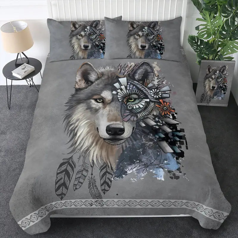 3pcs 3D Print White Wolf Bedding Set with Dreamcatcher