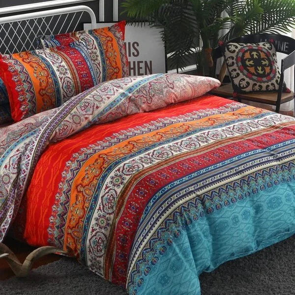 Boho Bedding Set with Geometric Stripes and Fleece Blanket