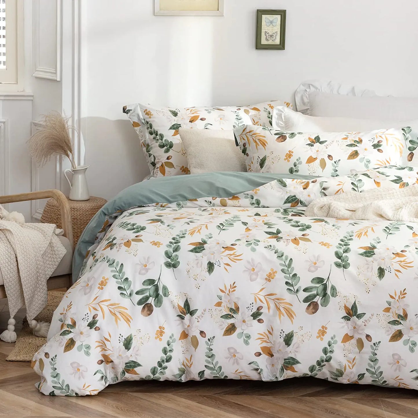 MILDLY 100% Washed Cotton Duvet Cover Set - Garden Flower Printed Autumn Comforter Cover Set Twin Size Soft Breathable Bedding Set with Zipper Ties