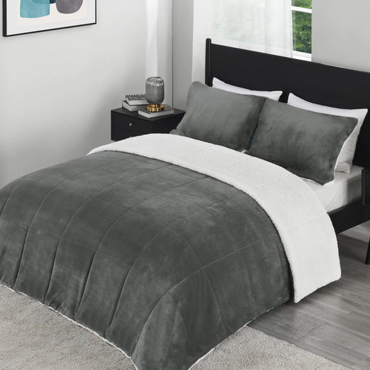 downluxe Ultra-Soft Micromink Sherpa Twin Comforter Set with 1 Pillow Sham - 2-Piece Set - Dark Grey - Plush Warm Fall Winter Bedding Comforter Sets
