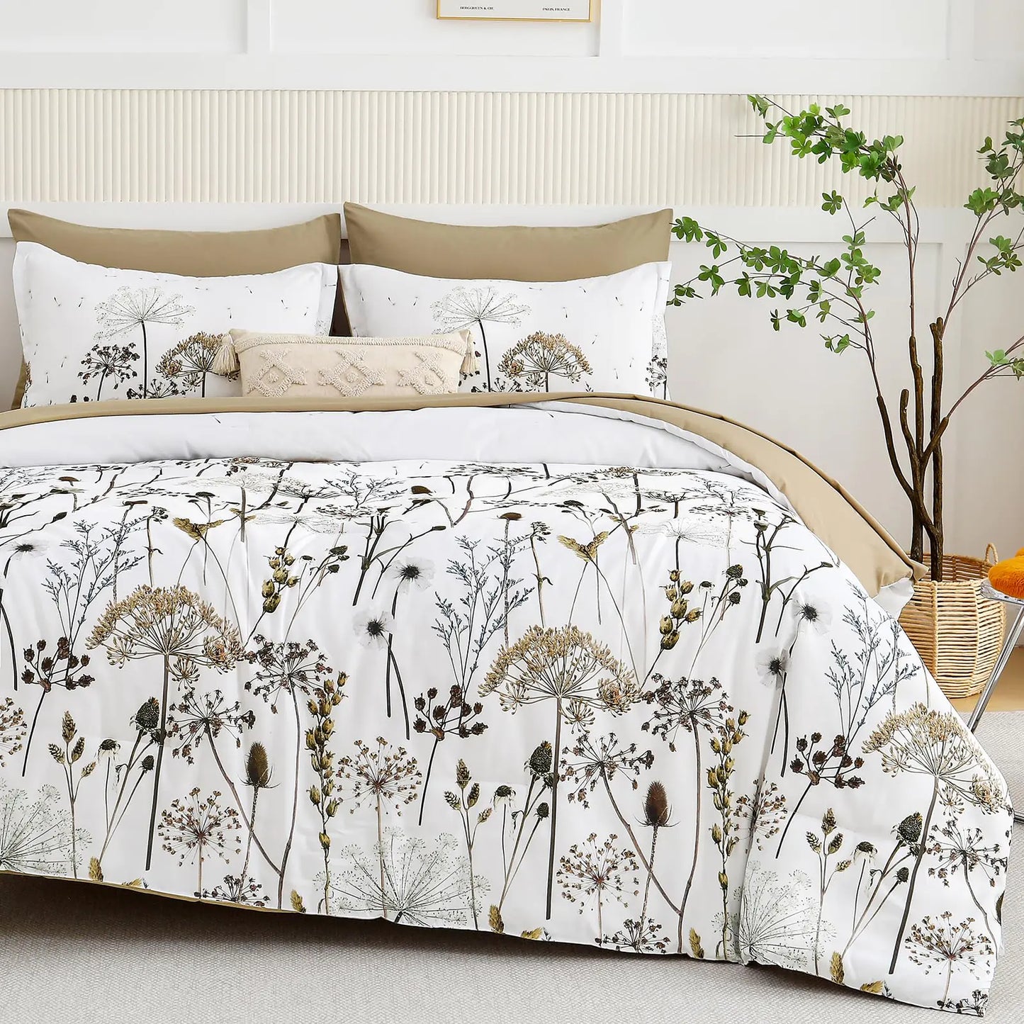 Yiran Khaki Floral Comforter Set Queen Size 7 Piece Dandelion Botanical Plant Comforter Bedding Set Bed in a Bag Queen Soft Microfiber Complete Bedding Set with Sheets for All Season