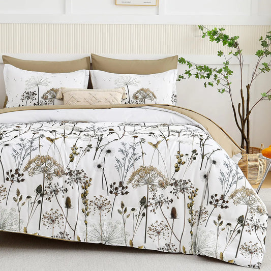 Yiran Khaki Floral Comforter Set Queen Size 7 Piece Dandelion Botanical Plant Comforter Bedding Set Bed in a Bag Queen Soft Microfiber Complete Bedding Set with Sheets for All Season