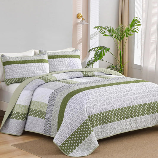 WONGS BEDDING Olive Green Quilt King Size Bohemian Stripe Quilt Sets 3 Pieces Boho Quilted Bedspread Set Lightweight Microfiber Coverlet Bedding Set All Season (104"x90")