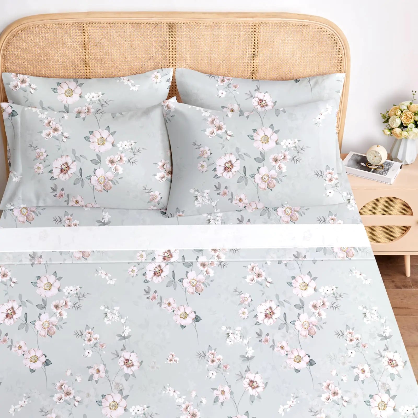 BYSURE King Sheet Set 6 Pieces (Grey Plum Flower) Cottage Core Botanical Patterned Sheets Victorian Floral Microfiber Bedding Decor