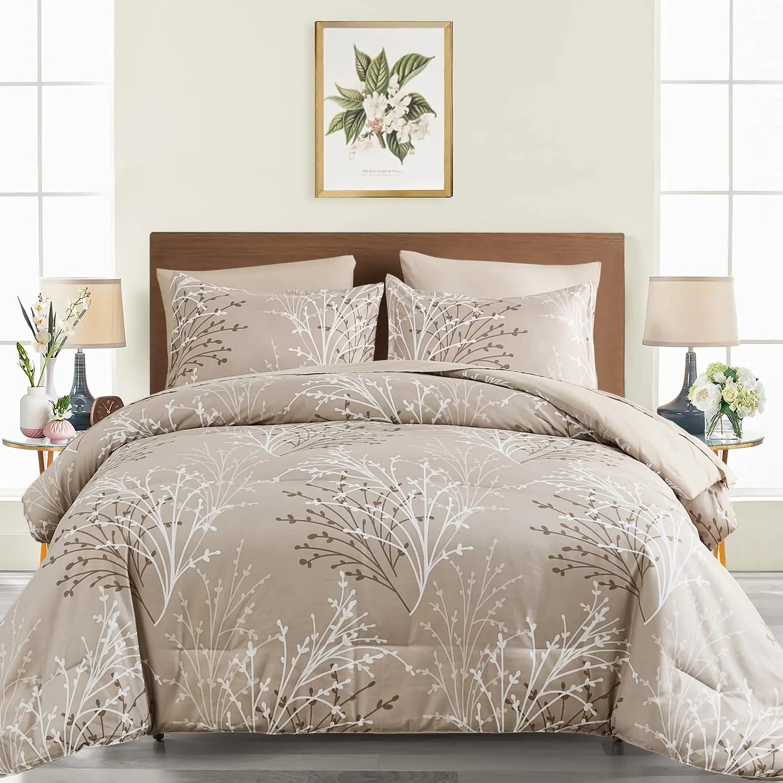 DJY Beige Comforter Set King Size Branch Botanical Bed in a Beg Queen 7 Pieces Beige Cream Bedding Set Floral Pattern Soft Microfiber Comforter Set with Sheets All Season Bedding Set 104x90