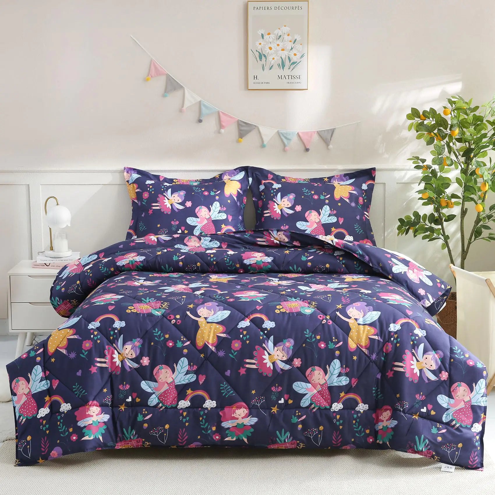 JSD Fairy Kids Comforter Set Twin Size 2 Piece Girls Floral Printed Microfiber Bedding Set Machine Washable