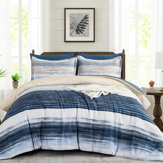 WONGS BEDDING Blue Comforter Set Queen Size 7 Pieces Queen Bed in a Bag for All Season Soft and Breathable Striped Bedding Set with Boho Comforter Flat Sheet Fitted Sheet Pillowcases & Shams