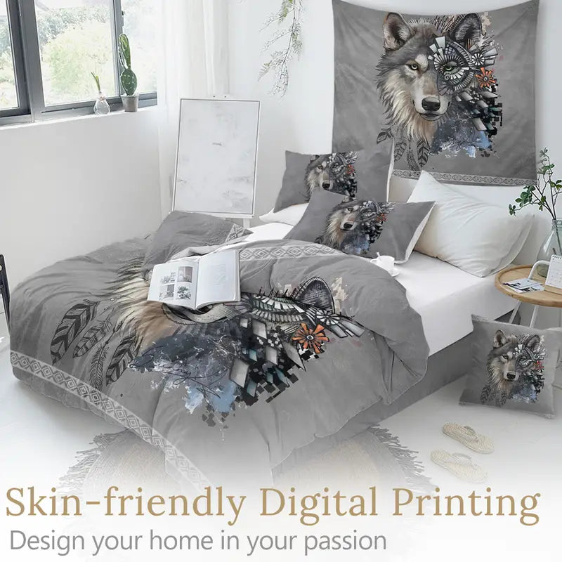 3pcs 3D Print White Wolf Bedding Set with Dreamcatcher