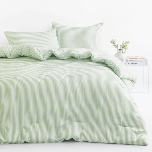 Wake In Cloud - Striped Comforter Set Ticking Stripe Vertical Pinstripe Neutral Farmhouse Pattern Printed Soft Lightweight Bedding 3 Pieces Sage Green Full Size