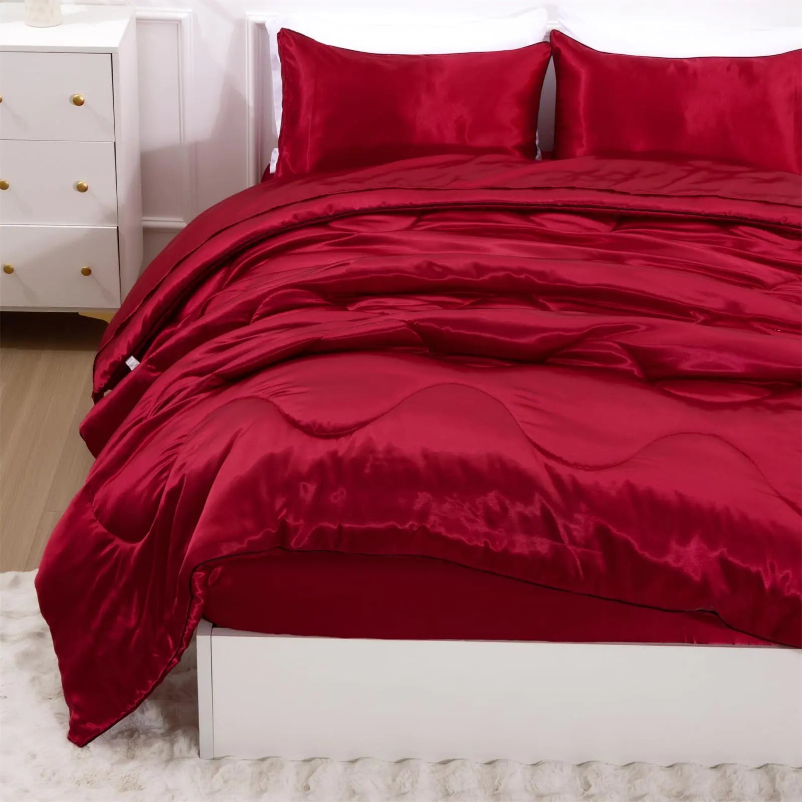 A Nice Night Satin Silky Soft Quilt Sexy Luxury Super Soft Microfiber Bedding Comforter Set Light Weighted (Red King)