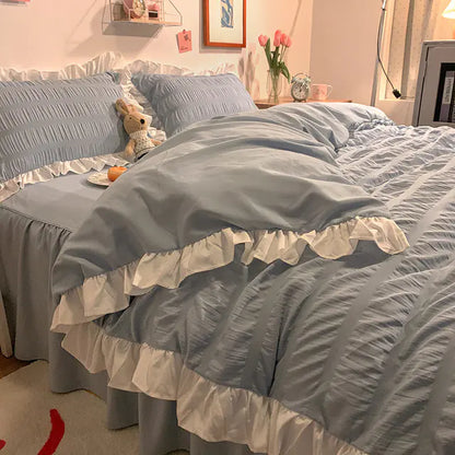 Pink Striped Ruffle Quilt Cover Bedding Set with Pillowcase
