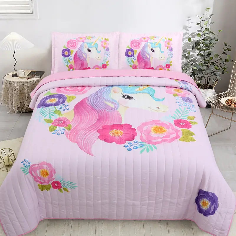 3-Piece Soft Pink Unicorn Bedding Set for Kids