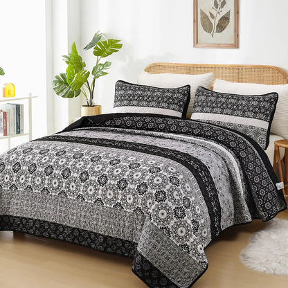 WONGS BEDDING Boho Quilt Set Queen SizeBlack Bohemian Striped Patchwork Bedspread Set3 Pieces Microfiber Bedding Set for All Seasons (96"x90")